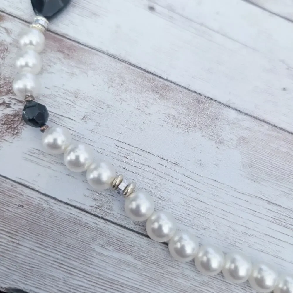 Vintage Necklace Long Faux Pearl with Black & Gold Tone/Silver Tone Accents